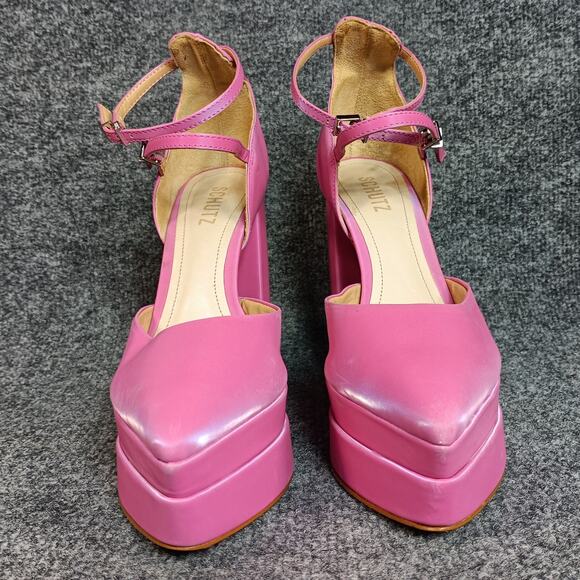 Schutz Elysee Heels Double Platform 8.5 Pink Ankle Strap Pointy Toe Block Dress - Picture 2 of 16